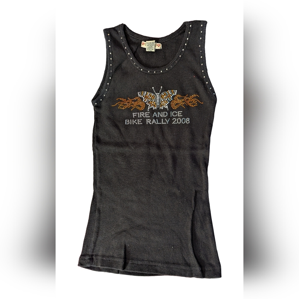 Vintage Black Biker Tank Top 🔥 Fire and Ice Rally 2008 🦋 Women's Size Medium